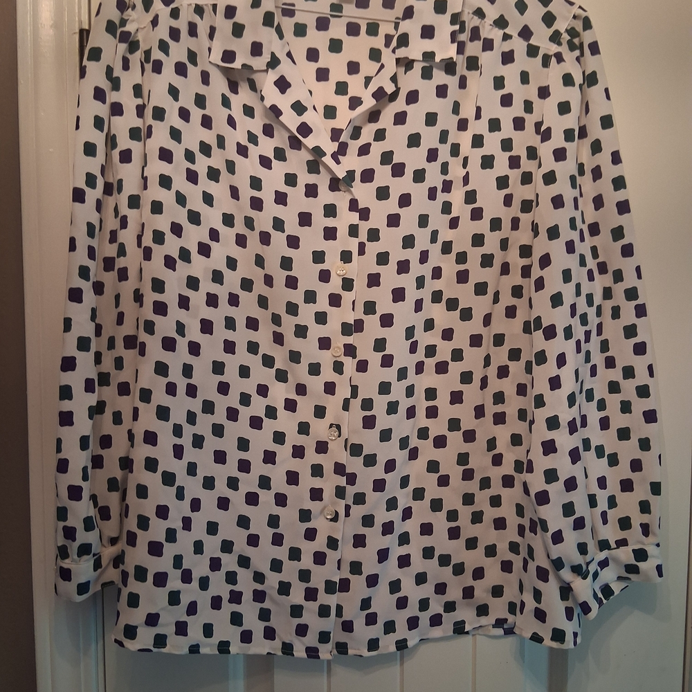Vintage Leslie Fay Off White With Green And Purple Womens Flowy 3/4 Sleeve Sz 18